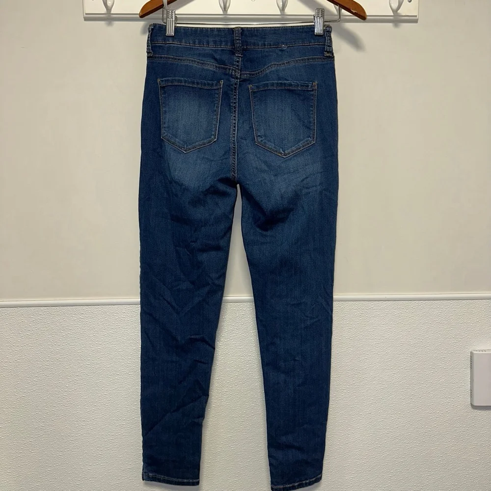 Women's Blue Skinny Jeans Size 28X26 Brown Stitch No Tag Measurements in photos